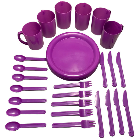Vintage Other - SOLD Vintage Kids 33 Pc Plastic Dinnerware Mugs Cups Utensils Set Purple 90s